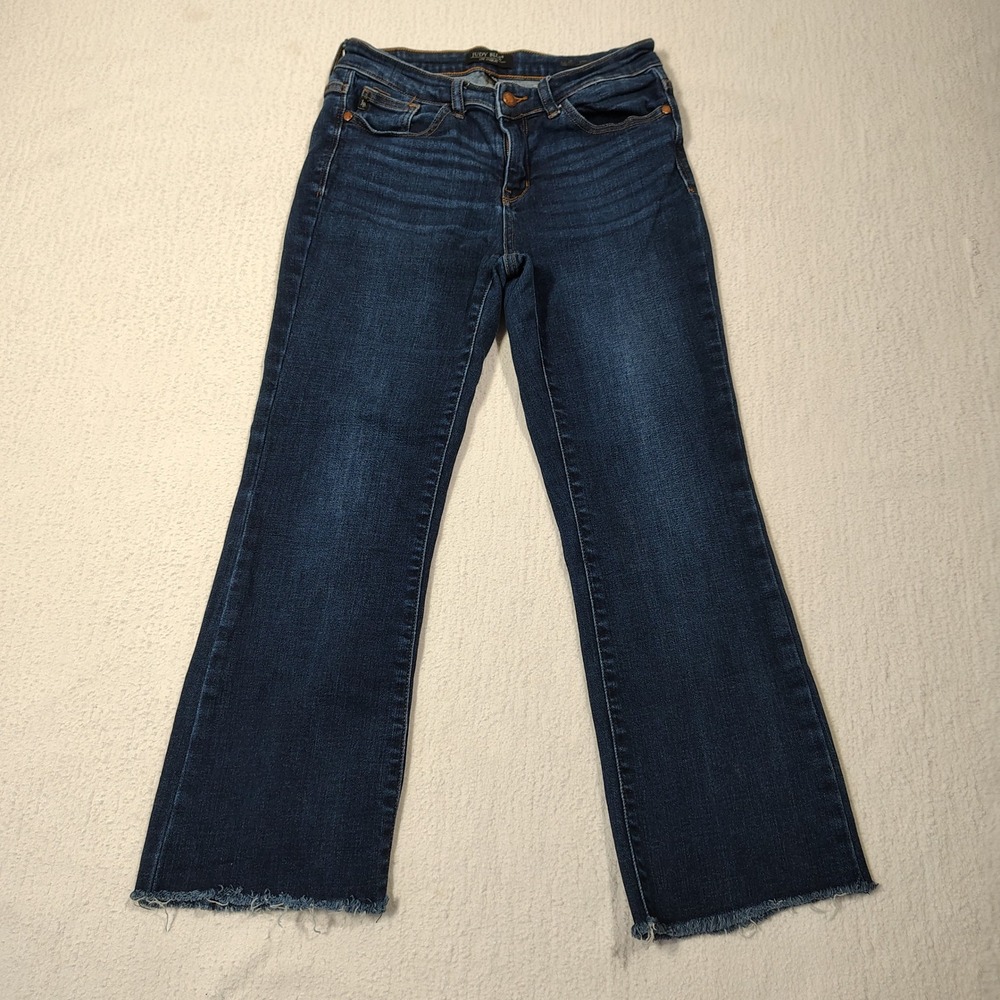Judy Blue Jeans Women 9/29 Dark Daisy Whiskered Boot Cut Raw Hem Flare Stretch